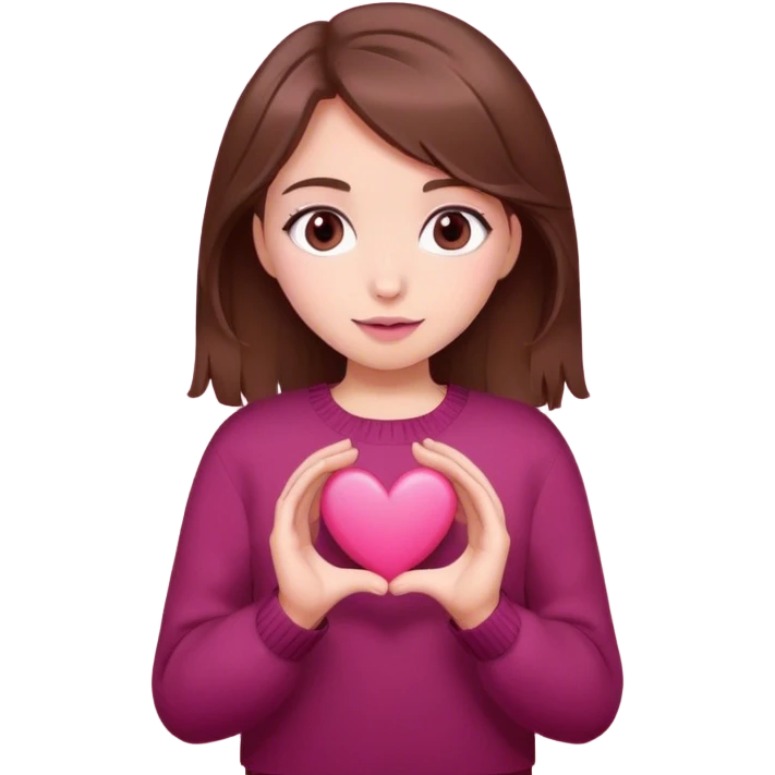 A girl with brown hair smiles, gray eyes, wearing a burgundy sweater, holding a pink heart in her hands emoji