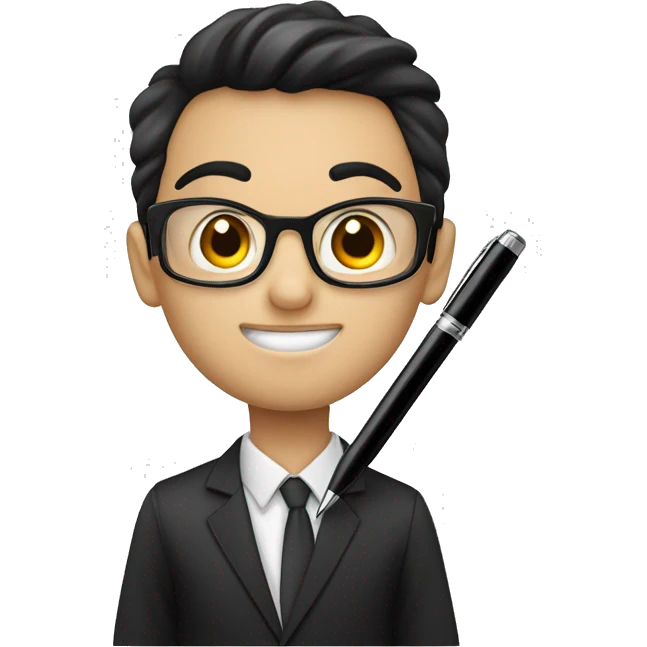 Een jongen met zwart haar met een bril met een pen in zn hand emoji