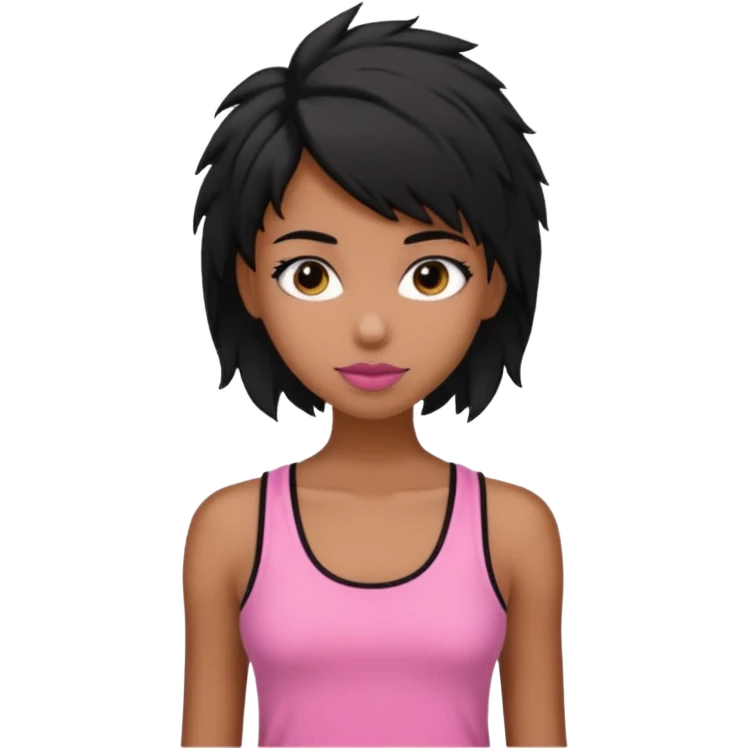 chica morena , corte de cabello negro y un poco despeinado, con una blusa de tirantes simple, rosa y coquette emoji