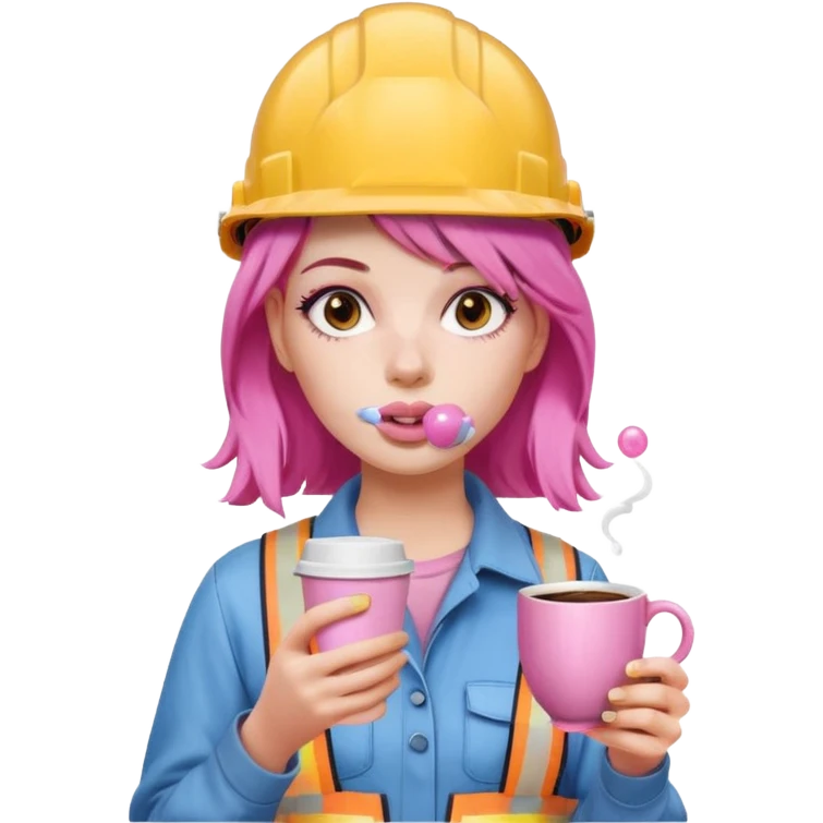 сделай молодую девушку с розовыми волосами, накрашенную красиво, с стаканчиком кофе, в каске, и во рту у нее пузырь из жвачки розовый emoji