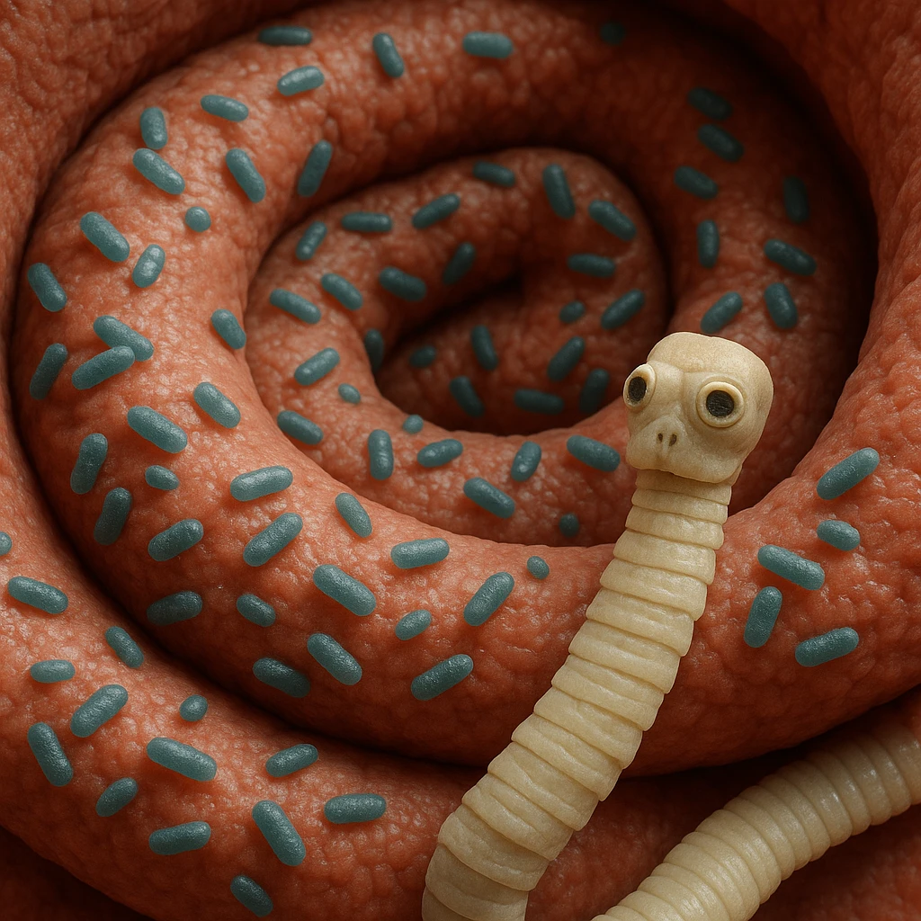 a medical illustration of a human realistic gut with bacteria and parasyte (tenia) realistic 4k real   emoji