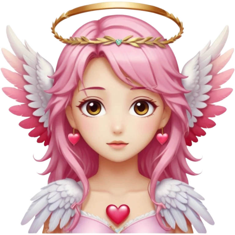 Dreamy pretty pastel anime flowers feathers hearts wings angelic laurel lady with pretty hair and gorgeous eyes, romantic aesthetic, reds, pinks, golds, whites, gradient hues, shiny, sparkly, cute, beautiful, sexy emoji