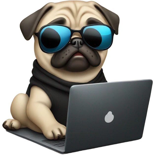 Pug wearing a black hoodie and using a laptop and wearing sunglasses emoji