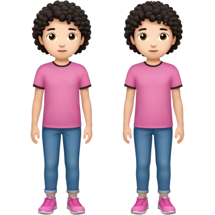 Kid boy wearing pink T-shirt, black curly hair, full body emoji