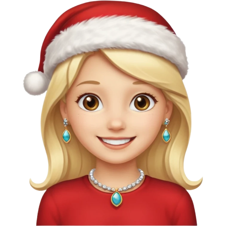 blonde girl smiling with jewelry and Santa hat emoji