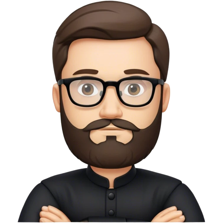 Emoji of a bearded man with glasses, wearing a black traditional outfit, arms crossed, confident expression, smooth and cartoon-like with a transparent background. emoji
