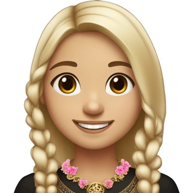 Slavic girl, light skin, brown eyes, black-to-blonde ombre straight tail, smiling with teeth, wearing beautiful dark blouse with a folk pattern of small pink flowers and gold necklace. emoji