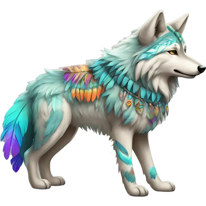 Fluffy Shy Colorful Spiritual Shamanic Wolf With Shiny Tribal Markings wearing feathers Full Body emoji