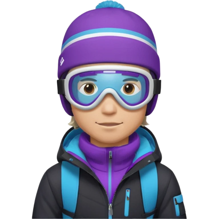 male Pro Snowboarder with white and grey beanie, ONE pair of purple and blue frameless goggles on and a black jacket emoji