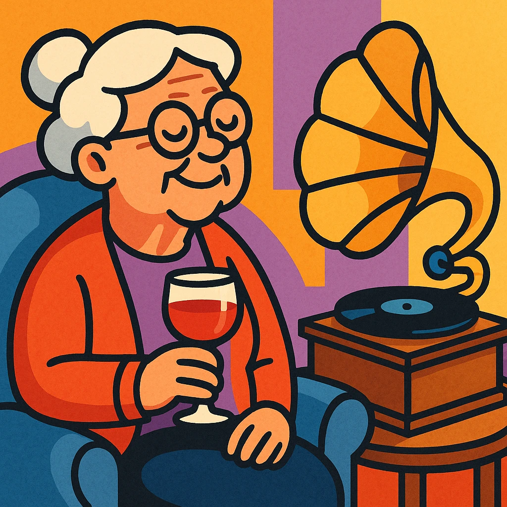 old lady with wineglass listening to gramophone emoji