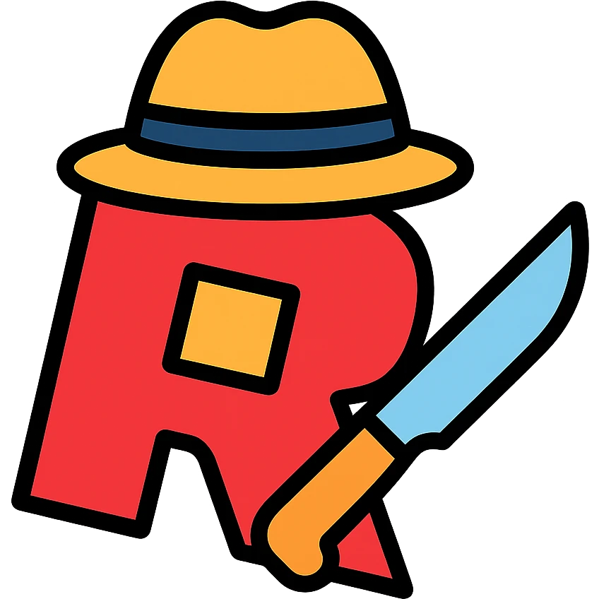 Roblox Murder Mystery logo with stylized R, knife and detective hat, color outline style emoji