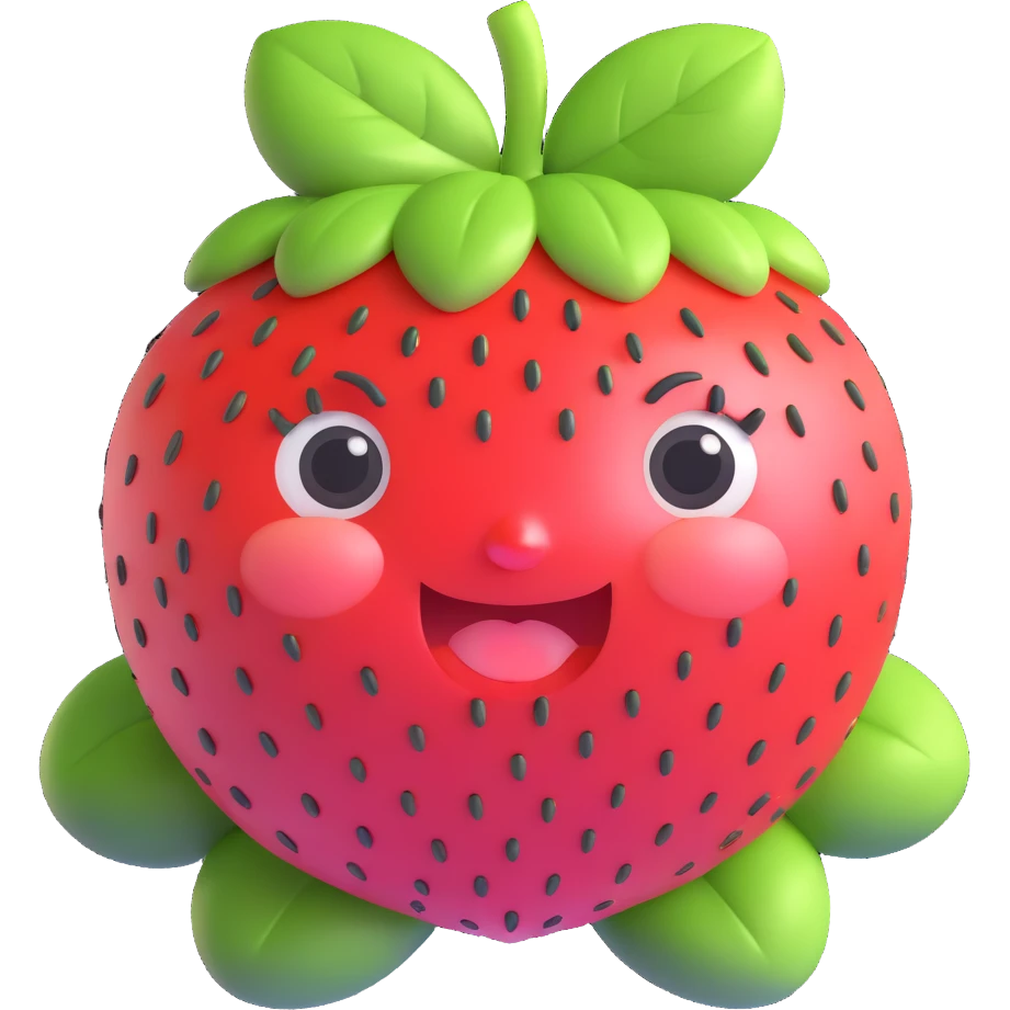 super cute 3D anthropomorphic strawberry character, round chubby face, big sparkling eyes, soft pink and red tones, green strawberry leaves as hair, tiny strawberry seeds on face, expressive facial emotions, kawaii Japanese style emoji