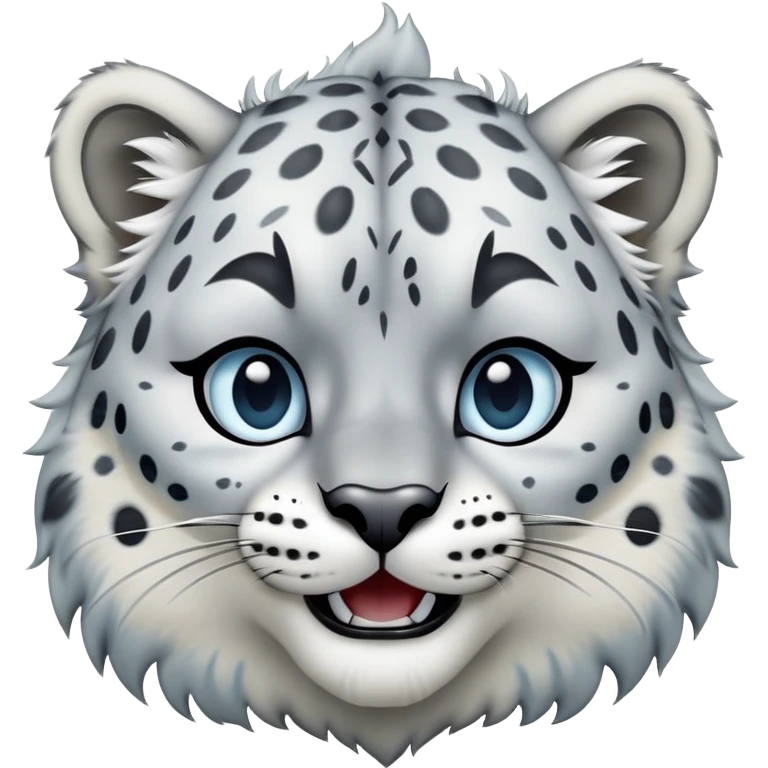 Cinematic-Comical-Snow-Leopard-Portrait-Emoji – Head tilted dramatically with an exaggeratedly amused expression, featuring a thick, spotted white-and-grey coat with a dense ruff around the neck, wide, piercing icy blue eyes filled with playful disbelief. emoji