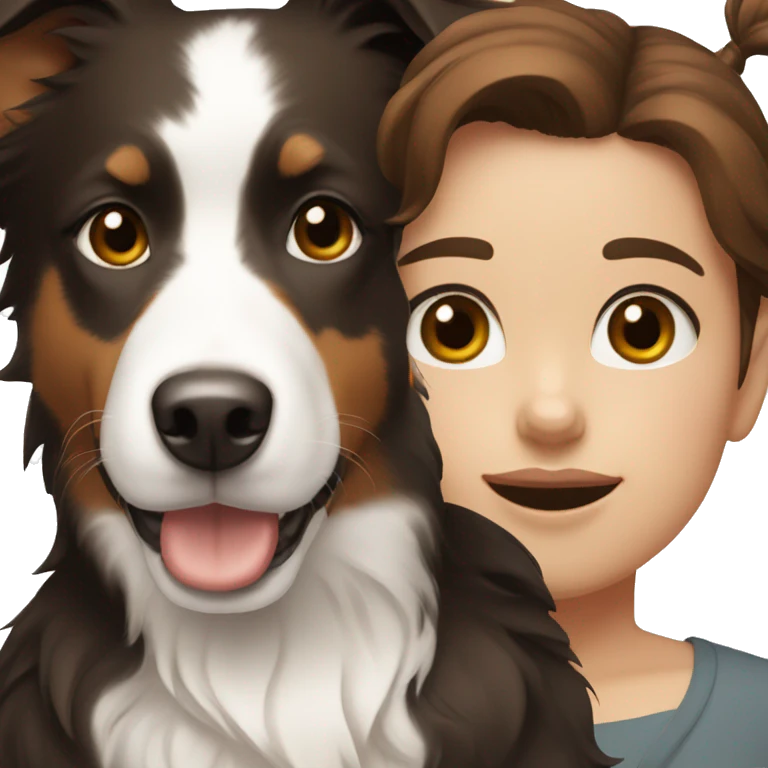 Girl with brown short hair and brown eyes and a white and black border collie emoji