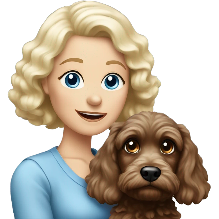 blue eyed old blonde lady with dark brown Cockapoo puppy dog emoji