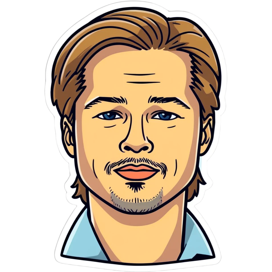 2020:Brad Pitt,  celebrity and best actor of all times, hyperrealistic, mirco-detailed, vivid, bold colors, flat layout, full view, sticker design
 Must be 8k hd, 8000x8000px resolution. Must use very thin transparent smooth lines emoji