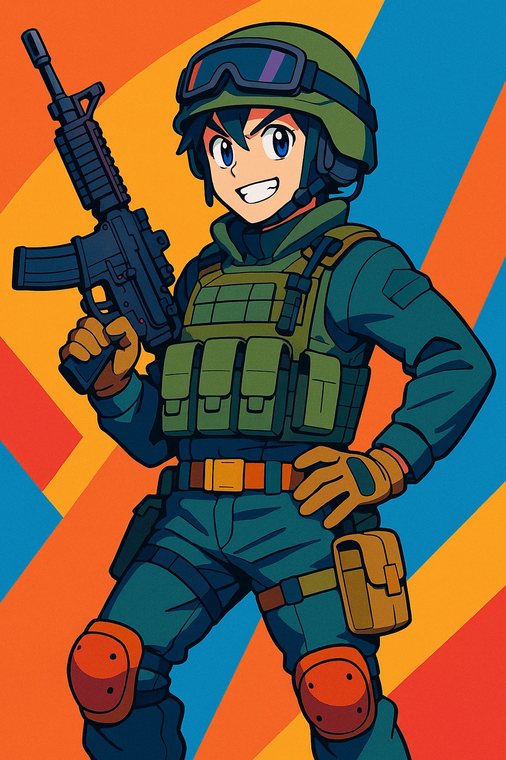 anime-style soldier, tactical gear, confident pose, dynamic, colorful, detailed emoji