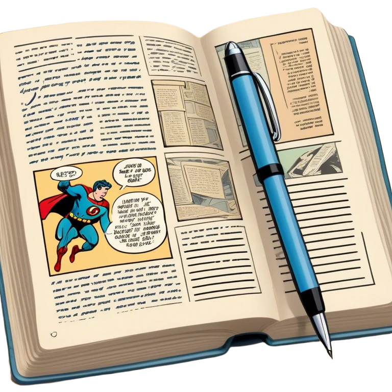 Create a detailed emoji representing the process of writing texts for comic books. The design should feature a large, open comic book with vintage comic strips visible on its pages. A pen should be shown writing text on one of the comic panels, but without a hand. The pencil should appear as though it is actively creating the dialogue or narration. Use a classic color palette with muted tones for the comic book and brighter accents on the pencil to draw attention to the writing process. Do not include any emojis or smiley faces. Make the background transparent. emoji