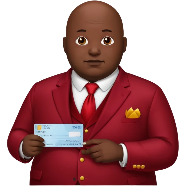 fat guy bold head in dark red velvet suit holding cheque emoji