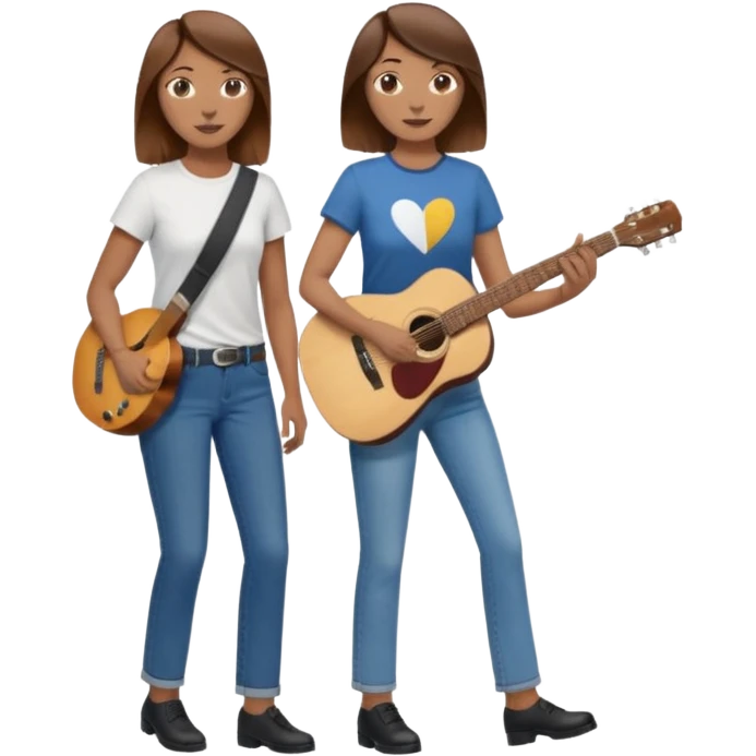 based on emoji style, like this "💁🏻‍♀️" "💁🏽‍♂️" "💁🏻", two people walking together. one is brown-haired woman, wearing business casual, holding a guitar. Another one is a non-binary person, wearing t shirt and jeans, and this person doesn't have anything on their hands. they are walking together. emoji