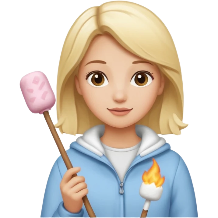 blonde woman cute clothes holding marshmallow stick emoji