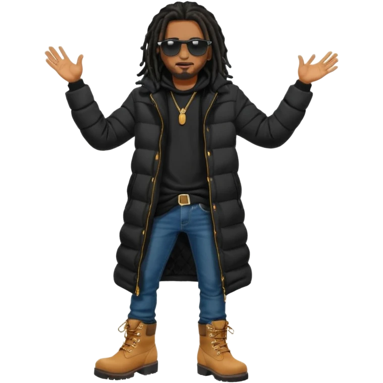 African American man brown skin complexion with black dreadlocks shoulder length wearing black bubble winter coat wearing black sunglasses with denim skinny jeans and timberland boots with hand raised emoji