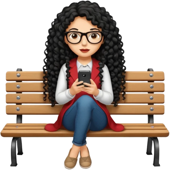 Bir bank uzerinde oturan siyah uzun kivircik sacli sexsi bir bayan gozunde gozluk elinde tlfnla yan oturmus ayak ayak ustune atmis bayan resmi emoji