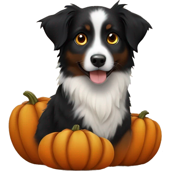 Small black australian shepherd dog in a pumpkin emoji