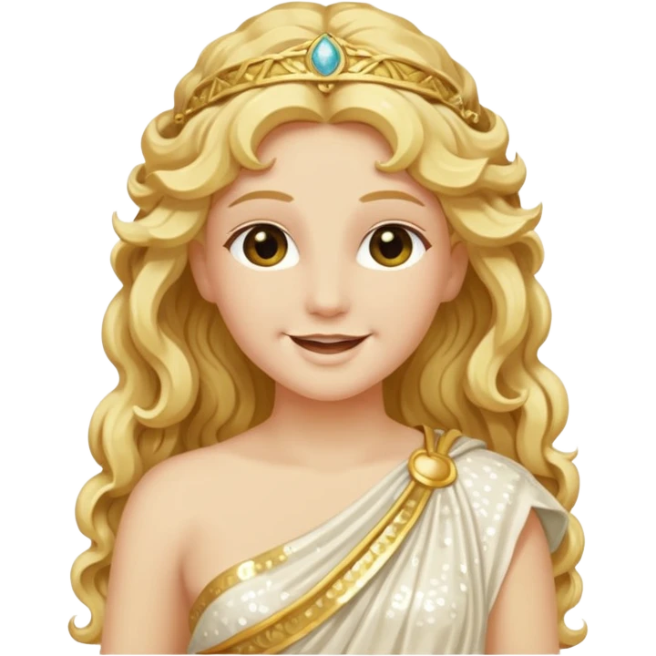 Psyche, Goddess of Soul from Roman Deities with long golden blonde wavy hair, ivory sequin toga emoji