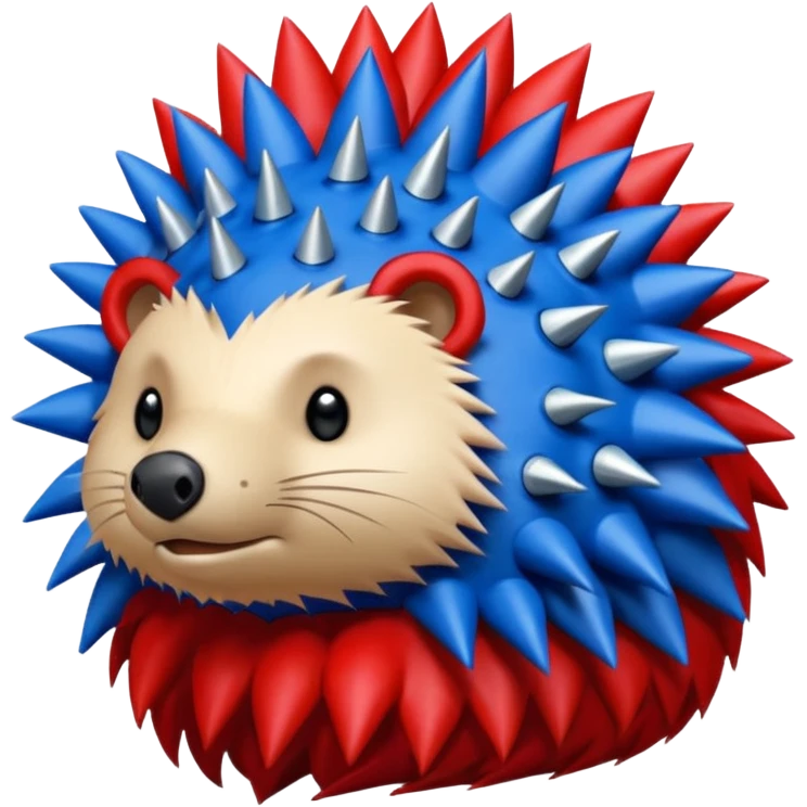 Red and blue Porcupine facing right. Bottom layer red: covers feet, round face with no facial features and 2 spikes. blue upper layer 6 spikes, 3 white 5 pointed stars in the middle of the blue. emoji