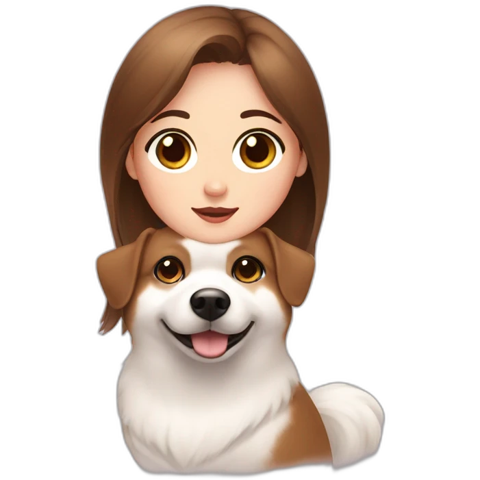 A girl with brown hair and brown eyes with a white pomerania with a black spot in the eye  emoji