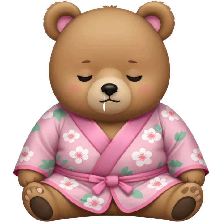 A cute chubby light-brown bear wearing a pastel pink sakura-patterned kimono, standard body and small round head, adorable simple face, sleepy half-closed eyes, small blush on cheeks, sitting while dozing off, tiny “zzz” floating above the head emoji
