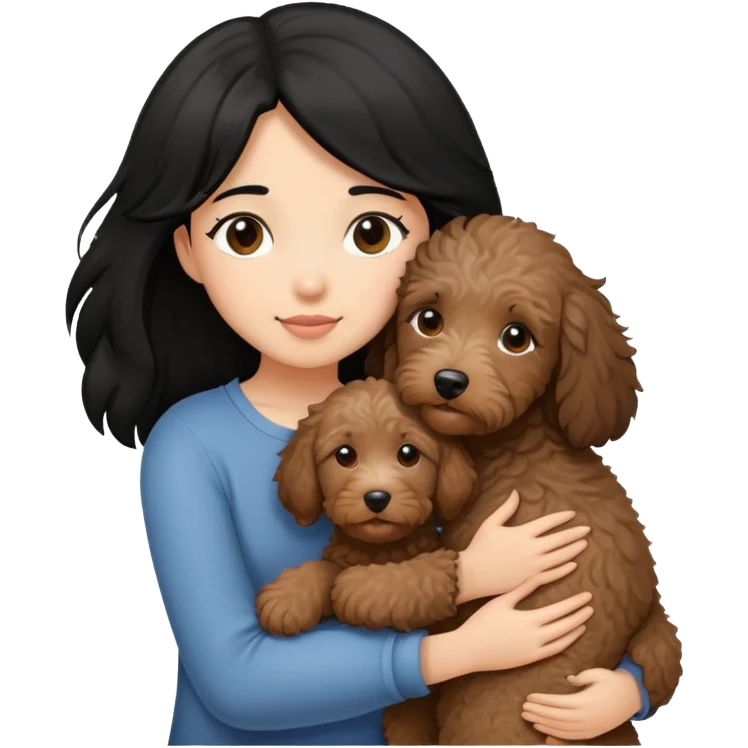 a girl with medium long black hair, hugging a little brown coated labradoodle. emoji