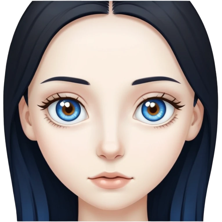 pale skinned pretty girl with long black hair, and Heterochromia eye colors, one brown and one blue emoji