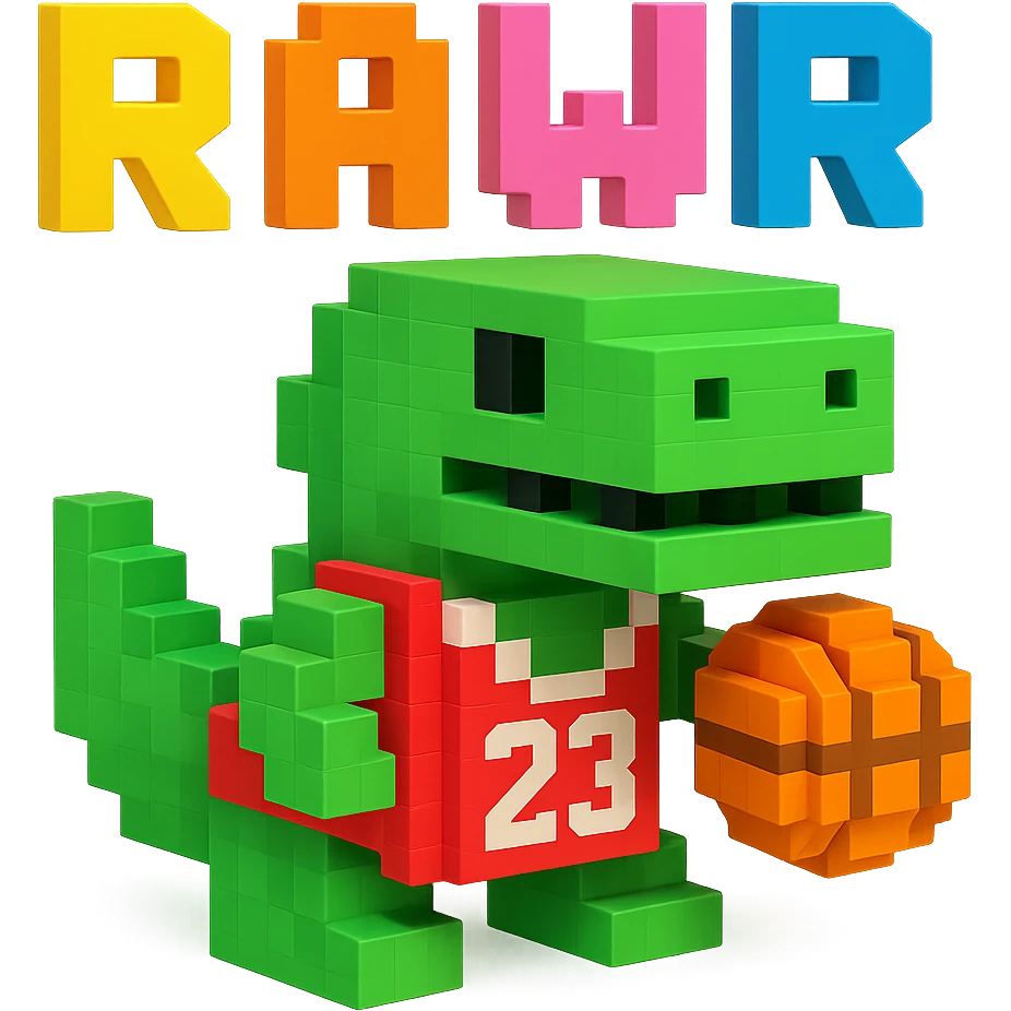надпись "RAWR" и динозавр с баскетбольном мячом в майке с надписью "23", no background emoji