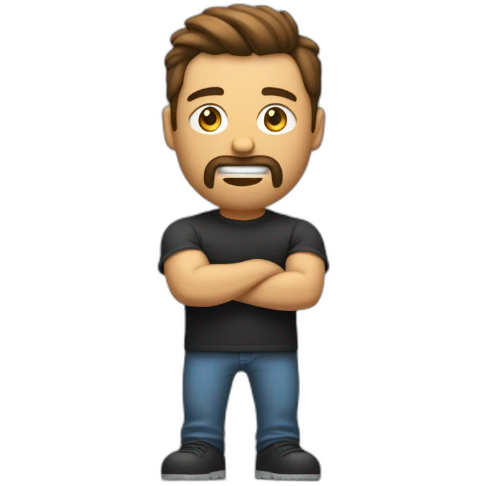 un homme blanc brun un peu musclé avec un tee shirt noir oversize qui est en train de coder sur son mac m1 emoji