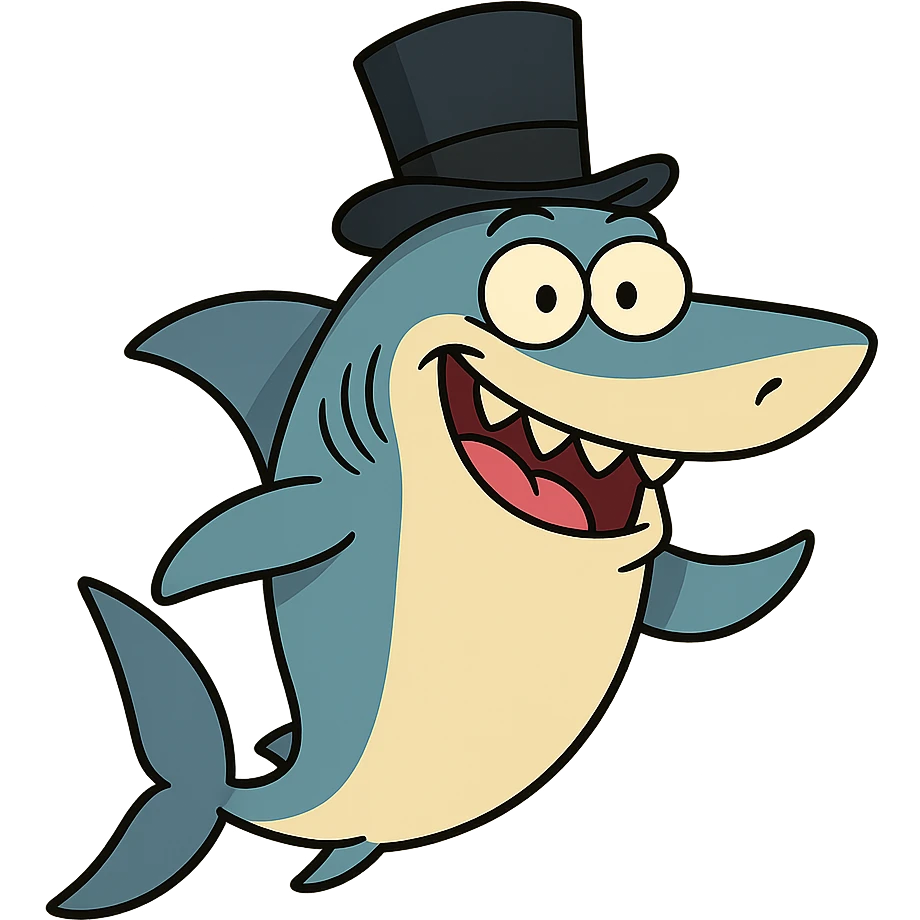 shark with a top hat, cartoon style, no background, playful and colorful emoji