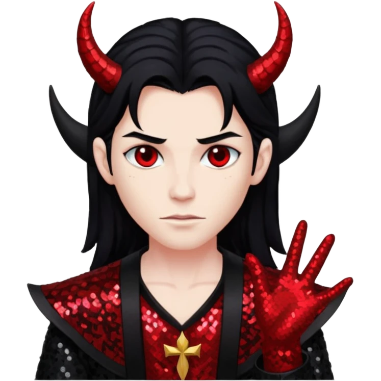 Lucifer from The Bible with red skin, long black hair, black sequin outfit emoji