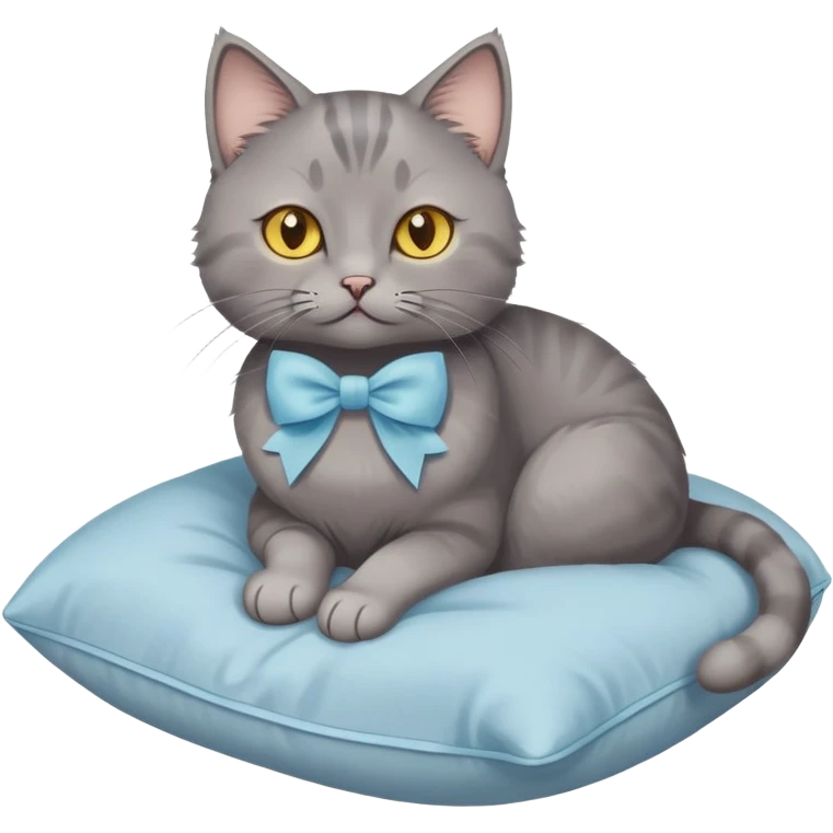 A grey cat with yellow eyes and a light blue bow sits on a beige pillow



 emoji