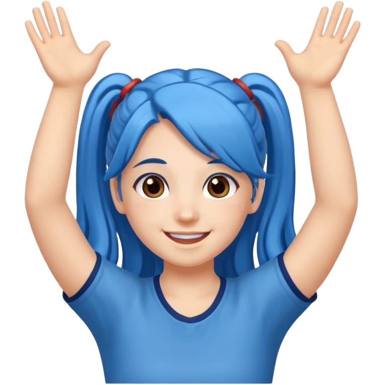 long blue hair girl in pig tails with brown eyes arms up celebrating emoji