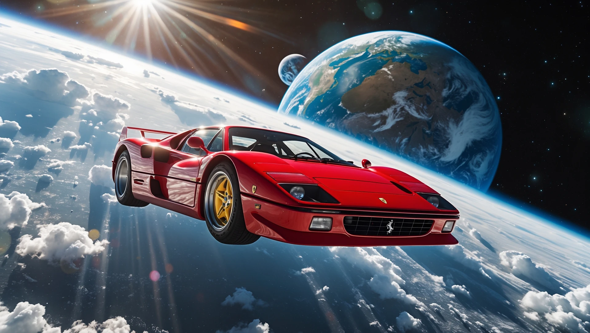 Cinematic still of a ferrari f40 floating in space, shot by space camera connect to spaceship, sun flare, big earth in background, captured by gopro emoji