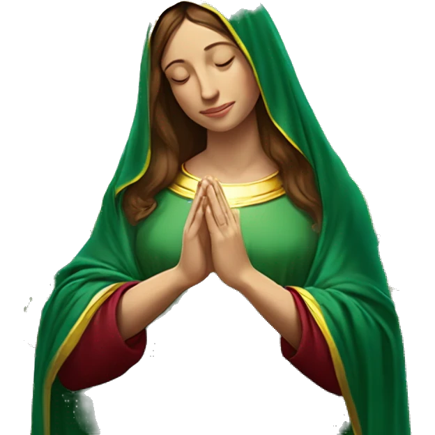 Virgin Mary: kind face looking down at the left, long brown hair, Wearing an emerald green  robe with gold stars and a burgundy red dress,  Hands in prayer or blessing. Halo around her head. standing in front of a big sun. colorful roses on the sides  emoji