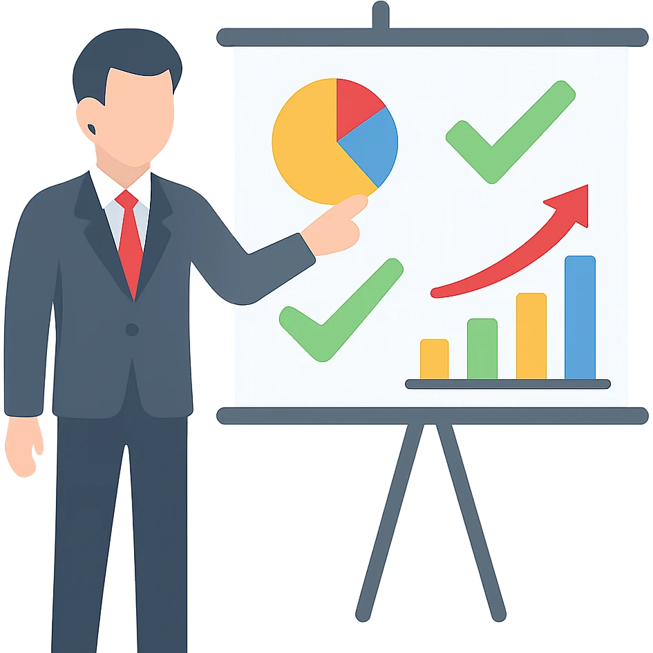 person pointing at presentation board with charts and graphs, business presentation emoji