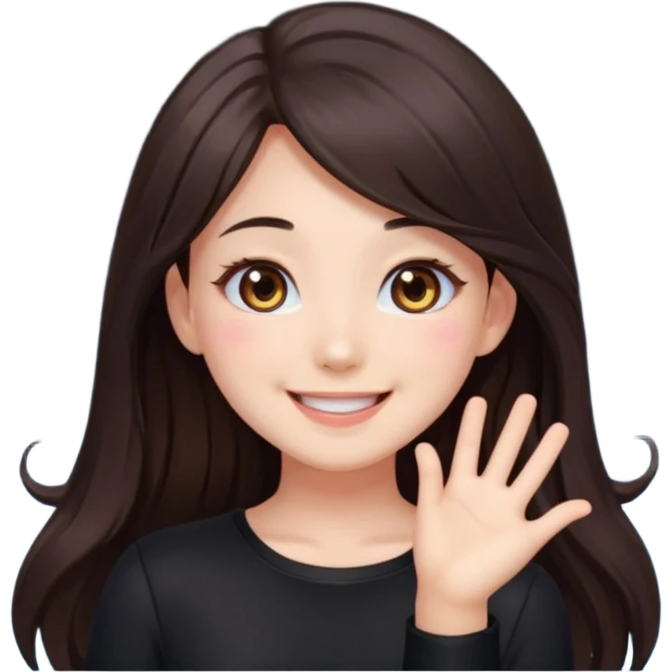 kawaii streamer girl, brunette, brown eyes, long dark hair, black outfit, smiling, sparkling eyes, blushing cheeks, happy expression, small stars around, emoji icon emoji