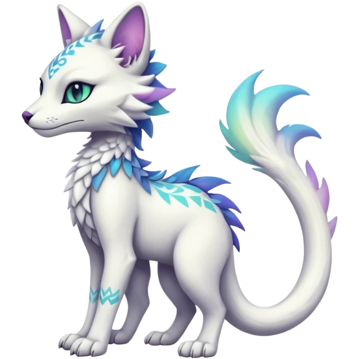 Kawaii white iridescent beautiful pretty elegant edgy cute cool fantasy feline-vernid-sergal-fursona animal creature with a tufted tail full body with intricate tribal markings  emoji