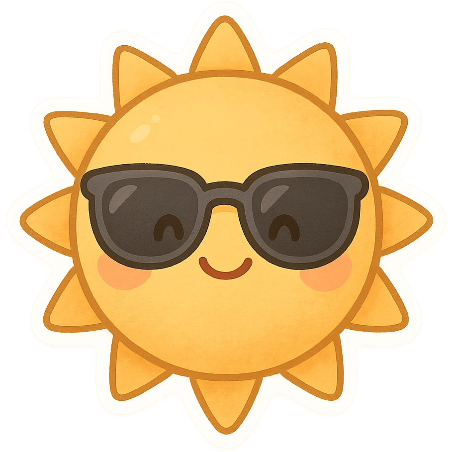smiling sun with sunglasses, chibi sticker style emoji