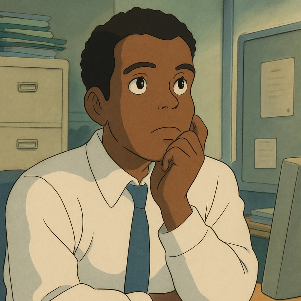 Black office employee, white shirt, thinking emoji