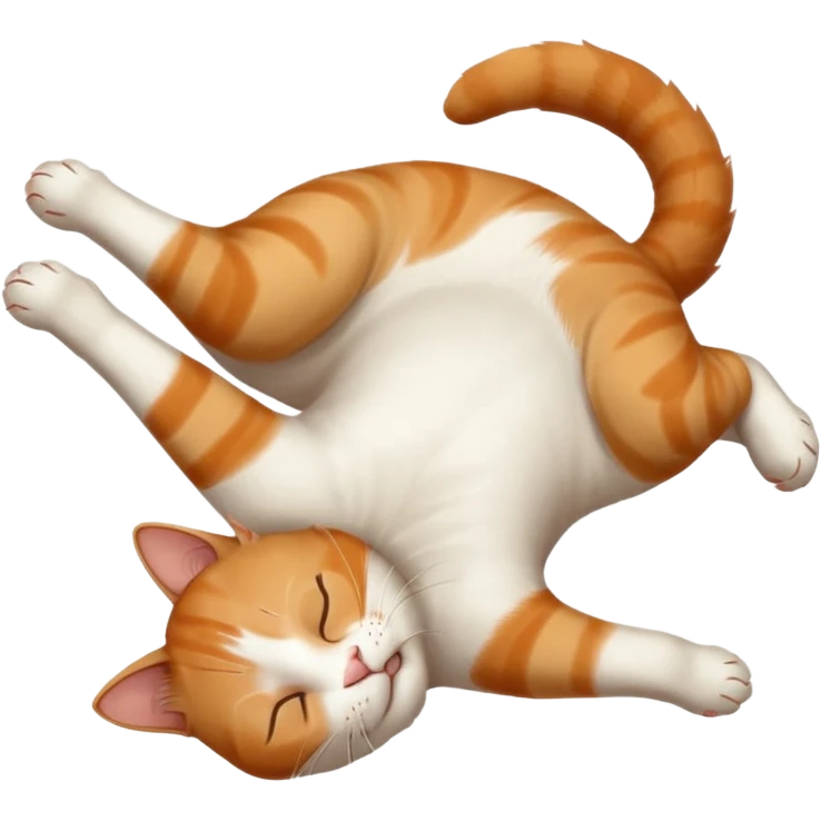 ginger and white small cat eyes closed lying down upside down with paws stretched out in different directions emoji