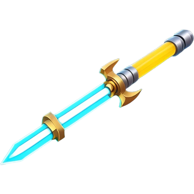 Clash of Clans aesthetic: Cinematic heroic light sabre Emoji, rendered in a 3D vector-style similar to standard emojis with minimal shading and bold, simplified shapes. A compact, vibrant energy blade with a neon-hued, glowing edge and futuristic hilt, softly glowing with a radiant cosmic charm. Simplified yet unmistakably iconic, highly detailed and consistent, glowing with a soft pulsating brilliance and high shine. Stylized with a touch of interstellar elegance and a soft glowing outline, capturing the essence of a legendary energy blade with a friendly, playful manner! emoji