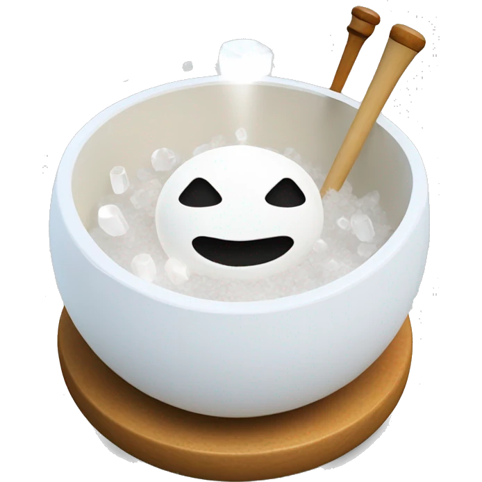 A white crystal Singing bowl on with silicone wand and musical notes floating out of the bowl cushion  emoji